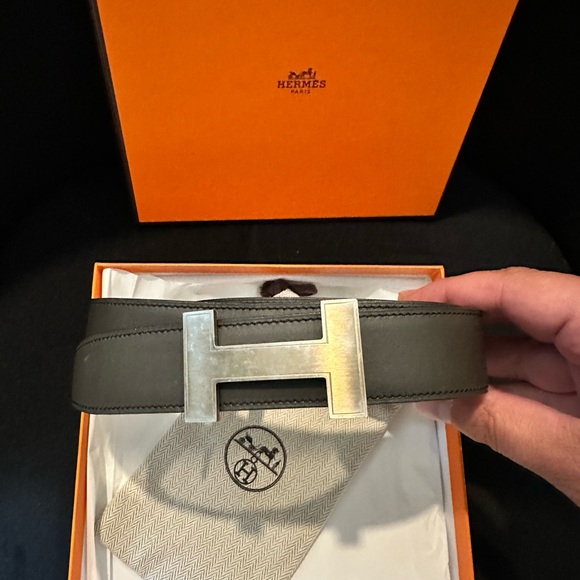 HERMES Brown and Orange Leather Belt with Brushed Removable Silver Buckle - Picture 3 of 5